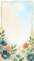 Watercolor floral frame with gold border and botanical elements, featuring blue, coral, and yellow flowers with green leaves and decorative accents on cream background.