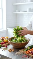 Chef hands adding fresh microgreens to wooden salad bowl in modern kitchen with colorful vegetables and seeds for healthy cooking preparation.