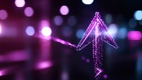 Glowing purple neon arrow pointing upward with bokeh lights background symbolizing growth, success, and digital progress in business technology.