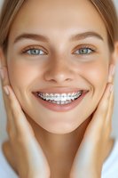 Young Caucasian woman with metal braces smiling while touching face, showing orthodontic treatment results. Close up portrait demonstrates dental care and confidence.
