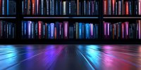 Futuristic library interior with glowing neon lights reflecting on glossy floor. Rows of books on dark shelves create atmospheric backdrop with pink and blue illumination.