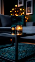 Glowing candles in textured glass holders create cozy atmosphere on coffee table with bokeh lights in background, moody evening interior with teal accents.