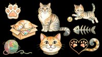 Cute cat illustrations collection with paw prints, yarn ball, fish bone and kitten faces isolated on transparent background. Ready for t-shirt design, stickers, clipart, print-on-demand products and sublimation projects.