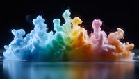 Colorful ink clouds dispersing in water, creating vibrant rainbow gradient from blue through green, yellow, orange to pink on dark background. Artistic fluid dynamics.