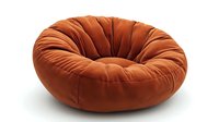 Round orange velvet bean bag chair with plush tufted design on white background, isolated modern furniture piece for contemporary living spaces.