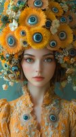 Young woman with elaborate floral headdress featuring orange sunflowers and blue eyes, fantasy portrait art for creative projects and surreal design concepts.