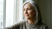 Senior woman with long gray hair and fair complexion gazing thoughtfully out window, wearing casual sweater and silver chain necklace, natural indoor lighting for lifestyle and aging themes.