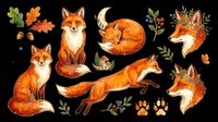 Watercolor fox illustrations in various poses with autumn leaves, acorns, and paw prints isolated on transparent background. Ready for t-shirt designs, clipart, stickers, sublimation, and print-on-demand projects.