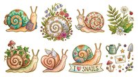 Snails with flowers and garden elements in watercolor style, isolated on white background. Suitable for clipart, t-shirt designs, stickers, and decorative applications.