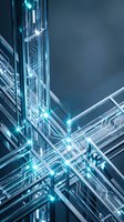 Futuristic digital circuit board with glowing blue lights and transparent geometric structures for technology and innovation concepts.