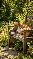 Golden retriever dog and tabby cat cuddling together on wooden garden bench surrounded by lush green foliage creating peaceful friendship moment in sunny backyard.