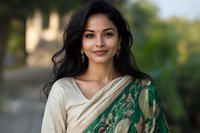 Young woman wearing traditional green and cream sari with ornate pattern, long dark wavy hair, and elegant earrings smiling warmly at camera against soft blurred background.