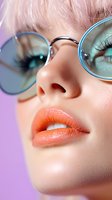 Close-up portrait of young Asian woman wearing blue round glasses with pink hair, coral lipstick, and flawless skin against purple background.