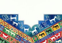 Colorful geometric tribal pattern with stylized animal silhouettes including cats, dogs, and deer arranged in horizontal bands with traditional indigenous-inspired motifs for textile and design projects.