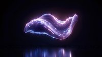 Glowing neon wave with purple and blue light effects floating above reflective surface on dark background for digital art and futuristic design projects.