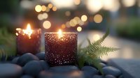 Glowing candles with decorative holders create warm ambient lighting among smooth stones and green fern leaves for relaxation and spa atmosphere.