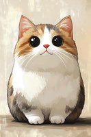 Adorable calico cat with big expressive eyes and fluffy fur sitting in a simple pose against neutral background. Artistic style illustration for children books and decor.