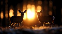 Two deer silhouettes standing in golden sunset light with warm bokeh background creating peaceful wildlife scene in natural forest habitat.