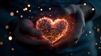 Magical glowing heart shape formed by sparkles and light particles floating between cupped hands against dark background with bokeh lights. Romantic concept.