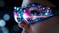 Futuristic smart glasses reflecting vibrant city nightscape with neon lights and bokeh effects, combining technology and urban lifestyle in modern digital age.