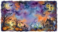 Watercolor Halloween night scene with haunted house, glowing pumpkins, ghosts, bats, and crescent moon, forming a spooky festive border frame.