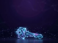 Glowing neon key and geometric cube with digital particles on dark background. Cybersecurity, encryption, and data protection concept for technology and digital security applications.