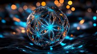Frozen soap bubble with glowing blue snowflake patterns against dark background with golden bokeh lights creates magical winter atmosphere.