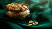 Golden coins in vintage brass pot on luxurious emerald green silk fabric, creating magical atmosphere for wealth and prosperity concept.