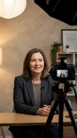 Middle-aged woman with shoulder-length brown hair, Caucasian ethnicity, wearing dark blazer over gray top, seated at wooden desk during video recording session with professional camera setup and warm studio lighting.