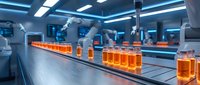 Automated pharmaceutical production line with robotic arms filling orange liquid medicine into glass vials in sterile laboratory environment.
