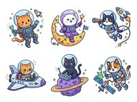 Cute cats in space suits exploring cosmos with rockets, planets, and stars, isolated on white background for children's designs, stickers, and merchandise applications.