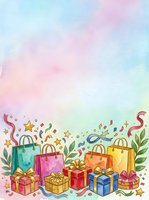 Festive shopping bags and gift boxes with confetti, ribbons, and foliage on watercolor background. Suitable for greeting cards, invitations, and celebration designs.