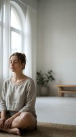 Young Caucasian woman meditating in peaceful minimalist room with natural light from arched window. Mindfulness practice at home for wellness and relaxation.