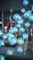 Glowing molecular structure with interconnected atoms and bonds in blue and green colors against blurred laboratory background for scientific research.