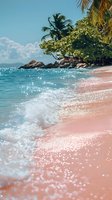 Gentle waves washing up on pink sandy beach with palm trees and rocky coastline against turquoise ocean water and blue sky, tropical paradise scenery.