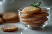 Fresh baked ginger cookies stacked in glass bowl with mint leaf garnish on light surface, shallow depth of field creates soft background blur.