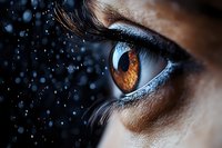 Extreme macro shot of brown eye with water drops and dramatic lighting, showcasing detailed iris texture, long eyelashes and reflective surface. For beauty and vision concepts.