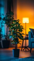 Houseplant in black pot against warm orange lamp light creating cozy evening atmosphere in modern living room interior with blue accent lighting and furniture.