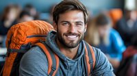 Smiling Caucasian male traveler with beard wearing grey hoodie and orange backpack in airport terminal. Casual lifestyle portrait for travel and adventure concepts.