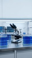 Professional microscope with blue chemical samples in modern laboratory for scientific research and medical testing applications.