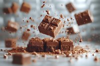 Flying chocolate squares and crumbs captured in dynamic motion against blurred background. Dramatic food photography showing sweet dessert ingredients in action.