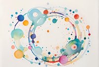 Vibrant watercolor circles and splashes in pastel blue, coral, and yellow form an abstract orbital composition on textured paper, creating dynamic movement and flow.