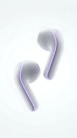 Pair of wireless earbuds with glossy white and purple gradient finish, isolated on white background. Modern audio technology design for music, podcasts, and communication applications.