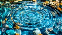 Rippling water surface creates mesmerizing circular pattern with turquoise and golden reflections, abstract liquid motion background for meditation and wellness.
