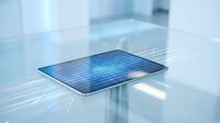 Digital tablet displaying blue binary code matrix on reflective surface in modern tech environment for business presentations.