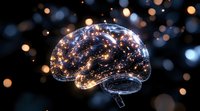 Glowing brain shape with luminous neural connections against dark background with bokeh lights, representing artificial intelligence and cognitive science.
