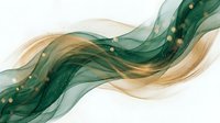 Abstract flowing waves in emerald green and gold with sparkling dots on white background for luxury design projects and elegant branding materials.