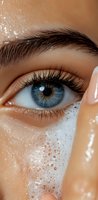 Close-up of bright blue eye with long eyelashes and defined eyebrow, skin covered in white foam or soap bubbles creating textured effect on facial features.