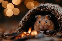 Curious hamster peeking from wooden hideout with warm bokeh lights in background creating cozy autumn atmosphere, close up portrait of small pet rodent.