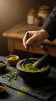 Chef grinding fresh herbs and spices in stone mortar and pestle in rustic kitchen setting for culinary preparation and cooking.
